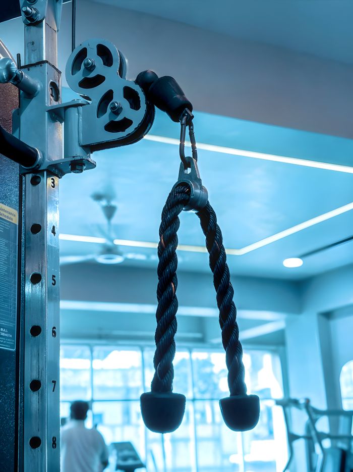 services-03 Close-up of gym equipment with rope pulley, fitness background in modern gym.